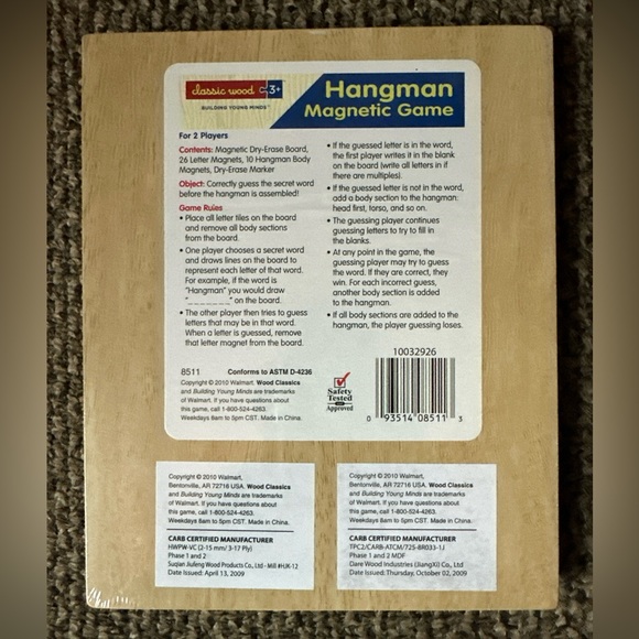 Classic Wood Hangman Magnetic Game For 2 Players NEW FACTORY SEALED - Picture 2 of 2